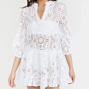 Shoshanna White Eyelet Long Sleeve Ruffle Mini Dress Size XS
